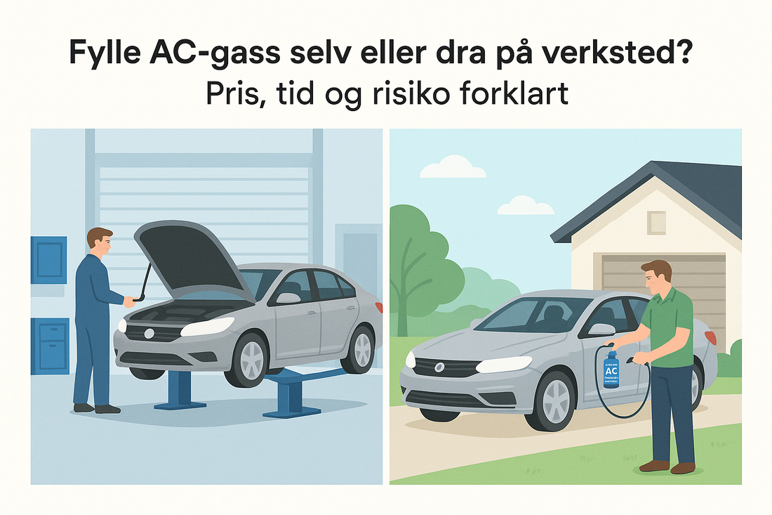 Illustrasjon som sammenligner å fylle AC-gass selv hjemme med å fylle på verksted